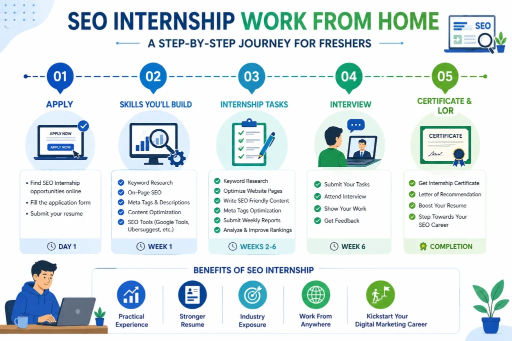 seo internship work from home for freshers step-by-step infographic