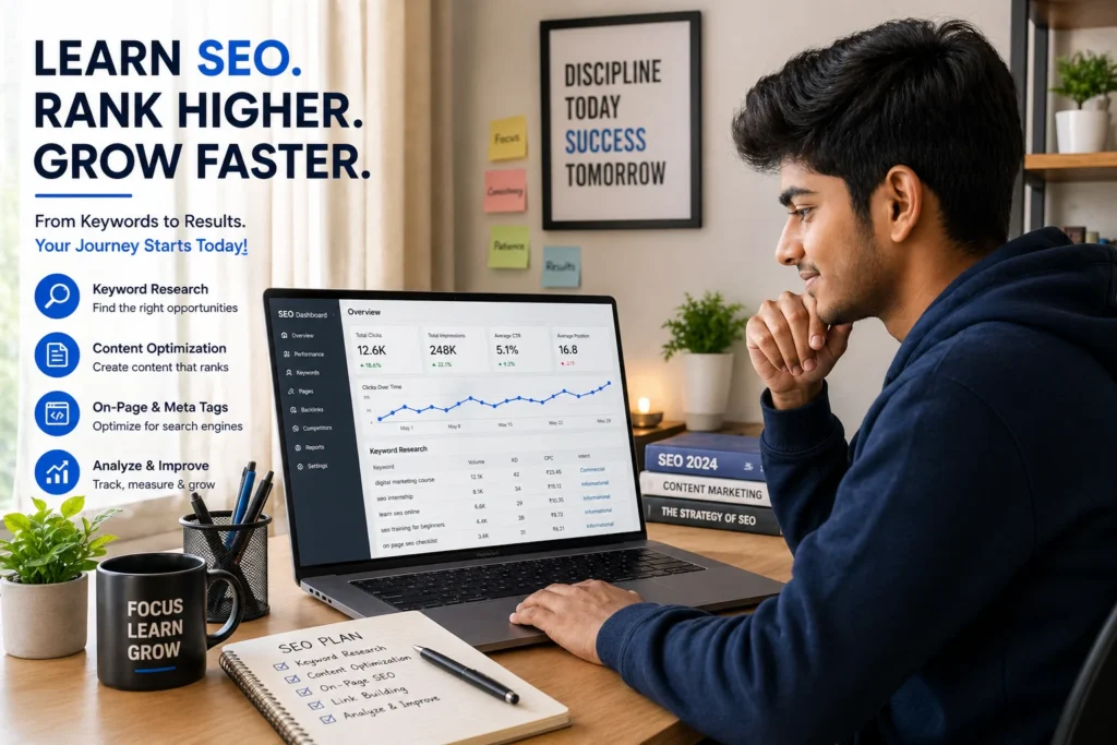seo internship work from home for freshers student on laptop with SEO tools