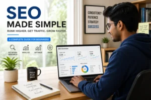 seo internship work from home student using laptop with SEO dashboard