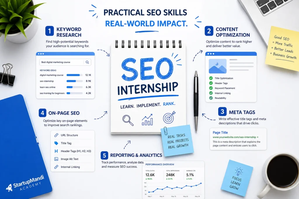 seo internship work from home tasks infographic showing keyword research and on-page SEO