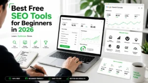 Best free SEO tools for beginners in 2026 shown on a laptop with keyword research and SEO analytics.