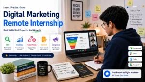 remote digital marketing internship scene with fresher learning SEO, analytics, and social media marketing