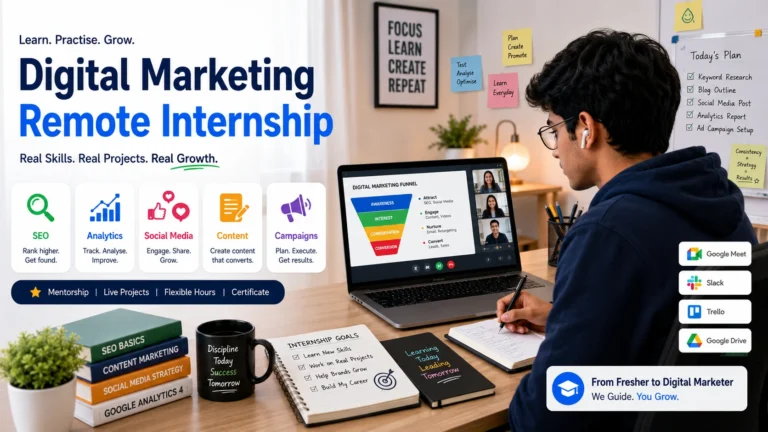 remote digital marketing internship scene with fresher learning SEO, analytics, and social media marketing