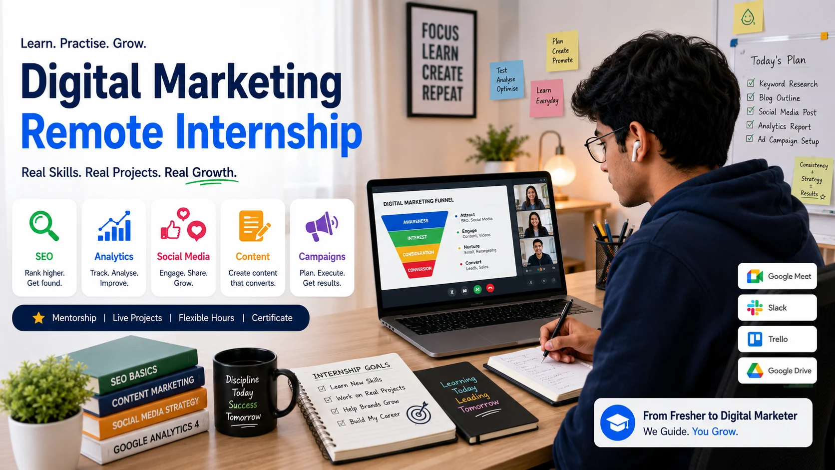 remote digital marketing internship scene with fresher learning SEO, analytics, and social media marketing