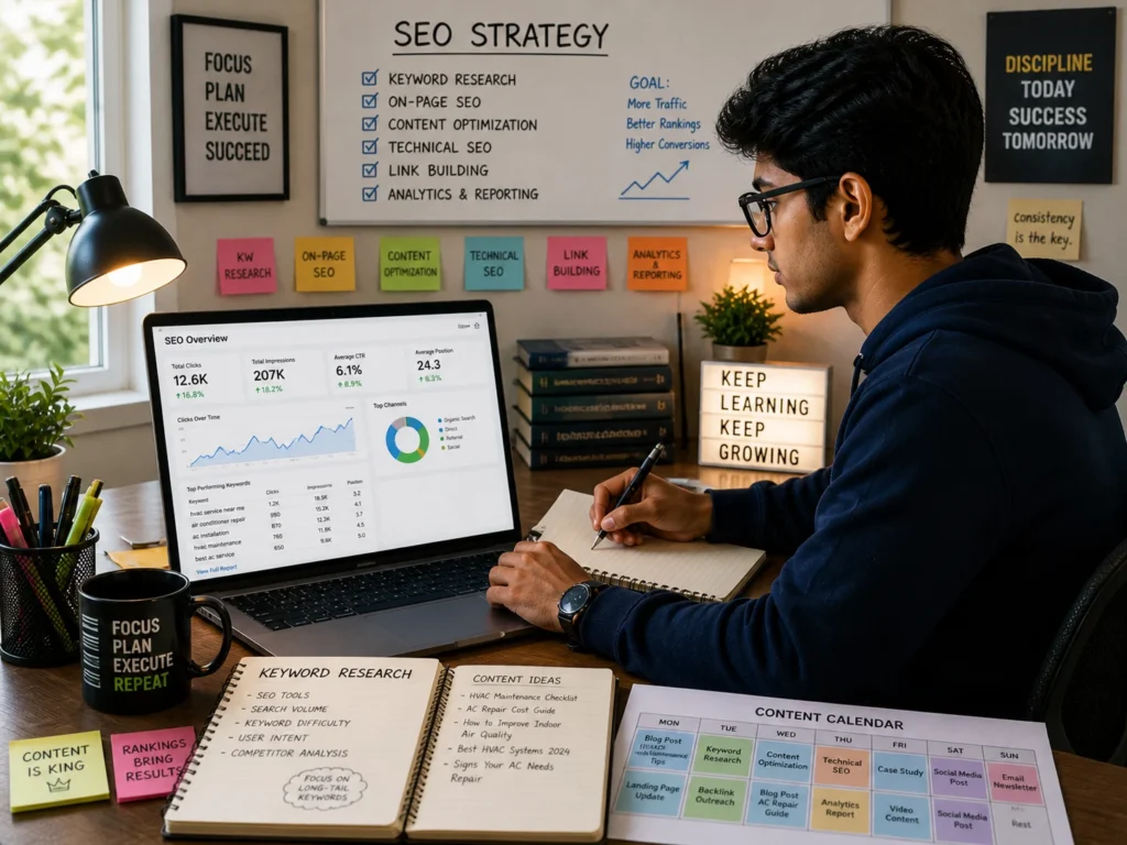 internship on search engine optimization for freshers with laptop showing SEO analytics and keyword research