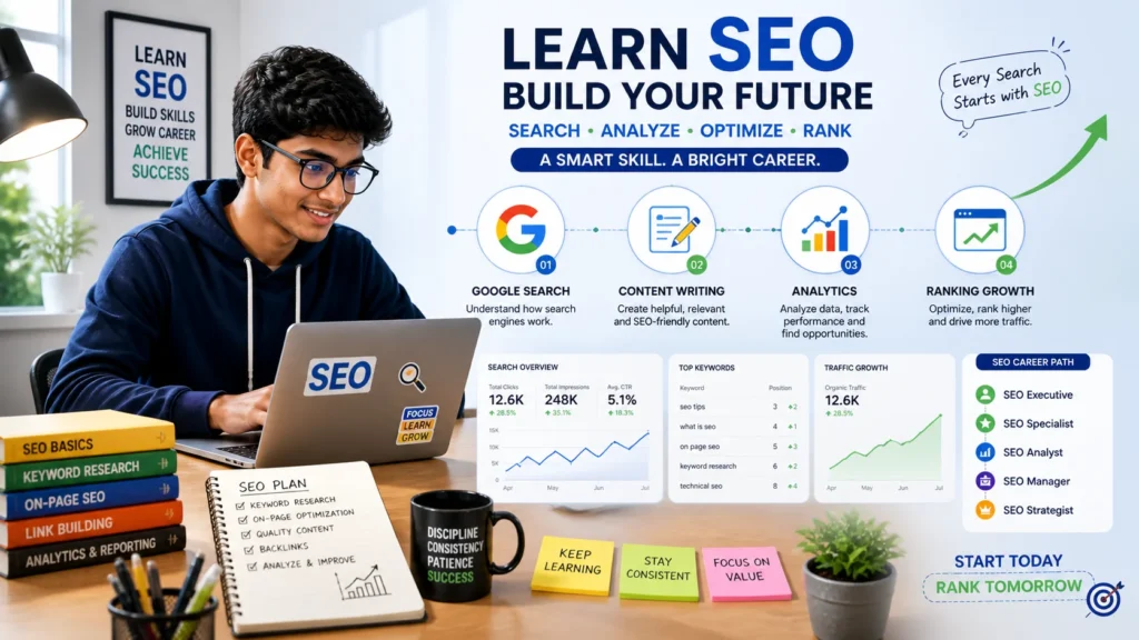 fresher learning search engine optimization internship with content, analytics, and Google search icons