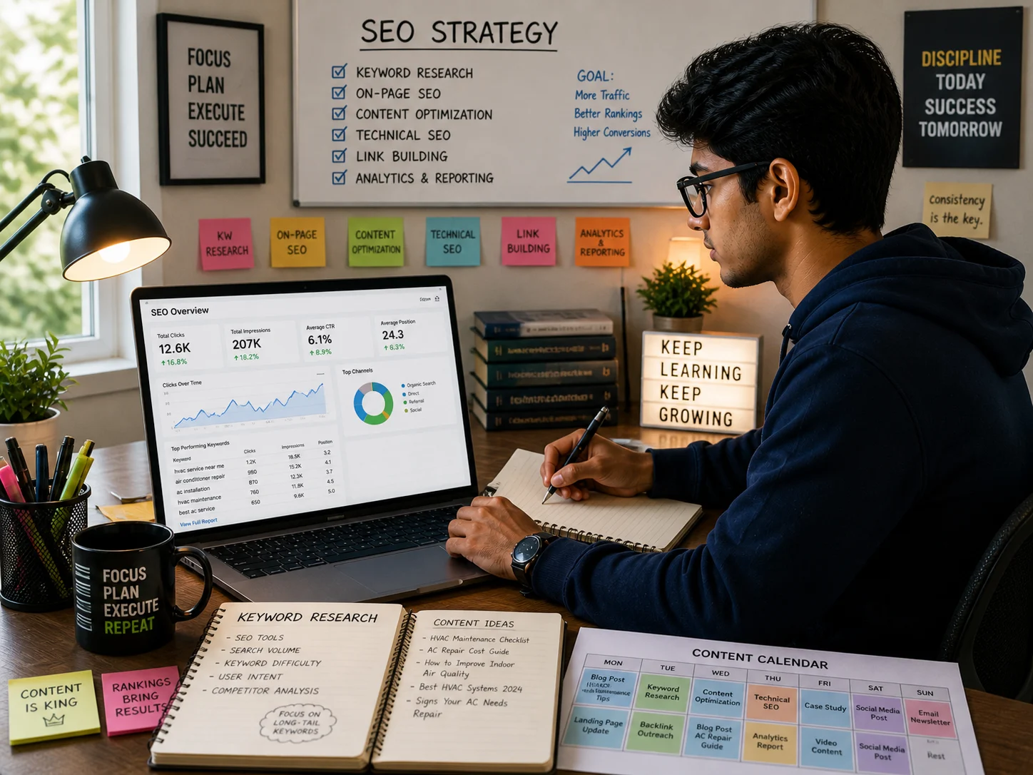 internship on search engine optimization for freshers with laptop showing SEO analytics and keyword research