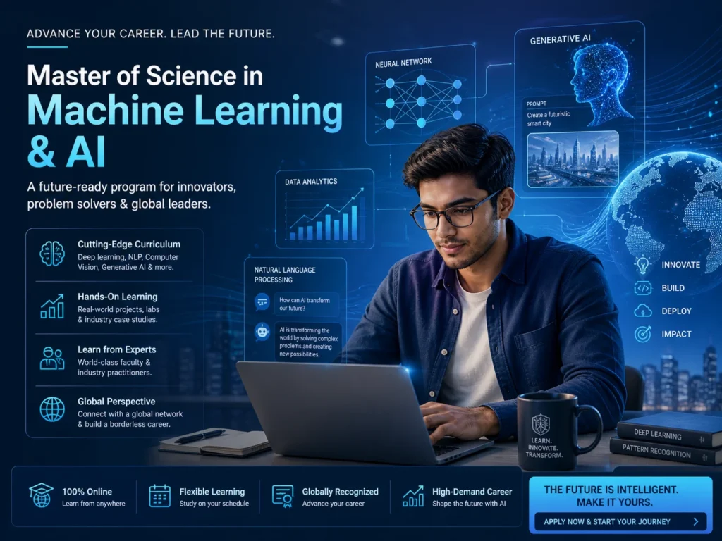 Featured image for upGrad’s Master of Science in Machine Learning & AI from LJMU, showing AI learning, data analytics, and career growth
