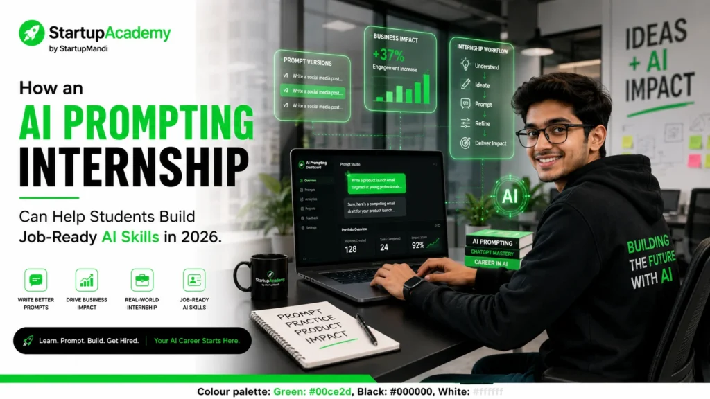 Young Indian student working on AI prompts in a modern startup office with holographic AI dashboards, internship workflow graphics, portfolio metrics, and business analytics, promoting an AI Prompting Internship for building job-ready AI skills in 2026.