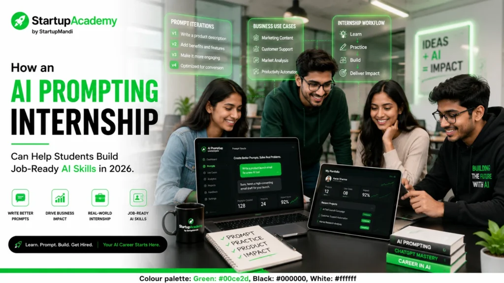 Diverse Indian college students collaborating in a modern startup workspace, using a laptop with AI prompting software and a tablet displaying a professional portfolio dashboard, surrounded by floating AI workflow and business-use-case interfaces, promoting job-ready AI skills through an AI Prompting Internship.