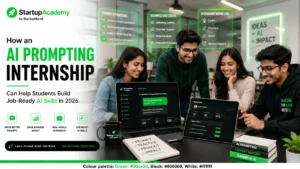 Diverse Indian college students collaborating in a modern startup workspace, using a laptop with AI prompting software and a tablet displaying a professional portfolio dashboard, surrounded by floating AI workflow and business-use-case interfaces, promoting job-ready AI skills through an AI Prompting Internship.