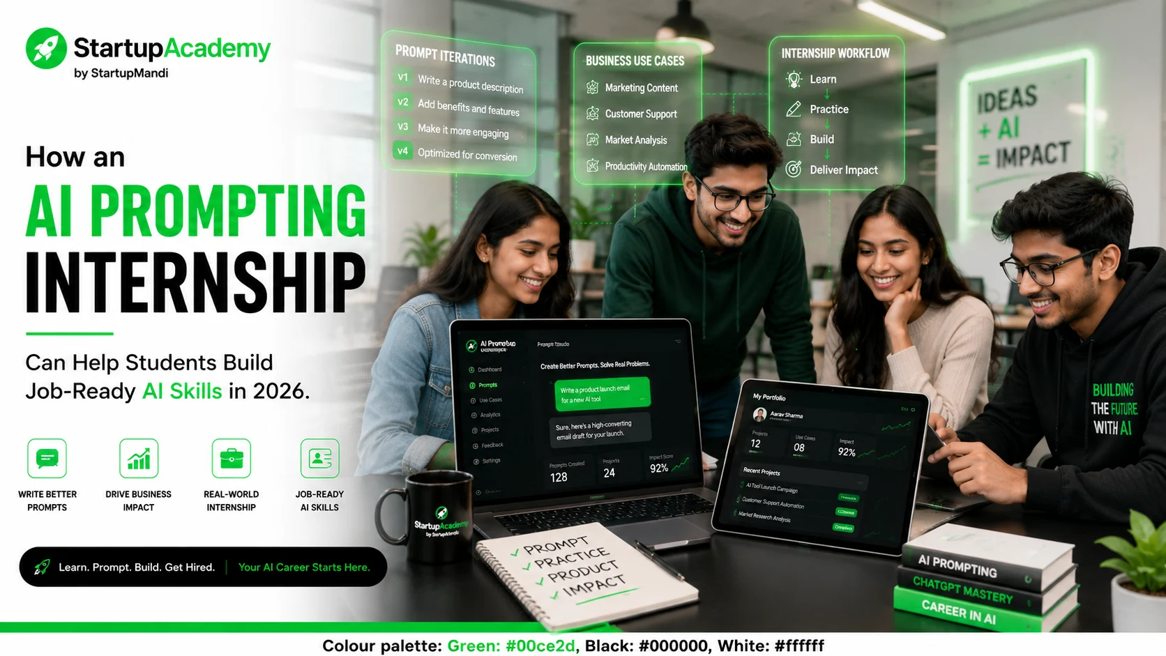 Diverse Indian college students collaborating in a modern startup workspace, using a laptop with AI prompting software and a tablet displaying a professional portfolio dashboard, surrounded by floating AI workflow and business-use-case interfaces, promoting job-ready AI skills through an AI Prompting Internship.