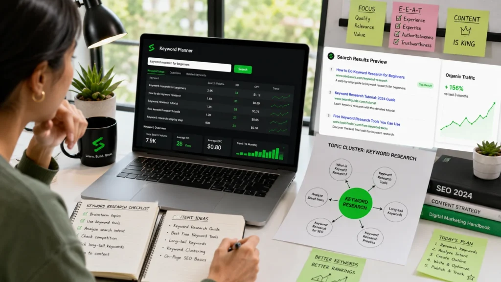 Beginner blogger using a keyword planner and topic map to research blog keywords.