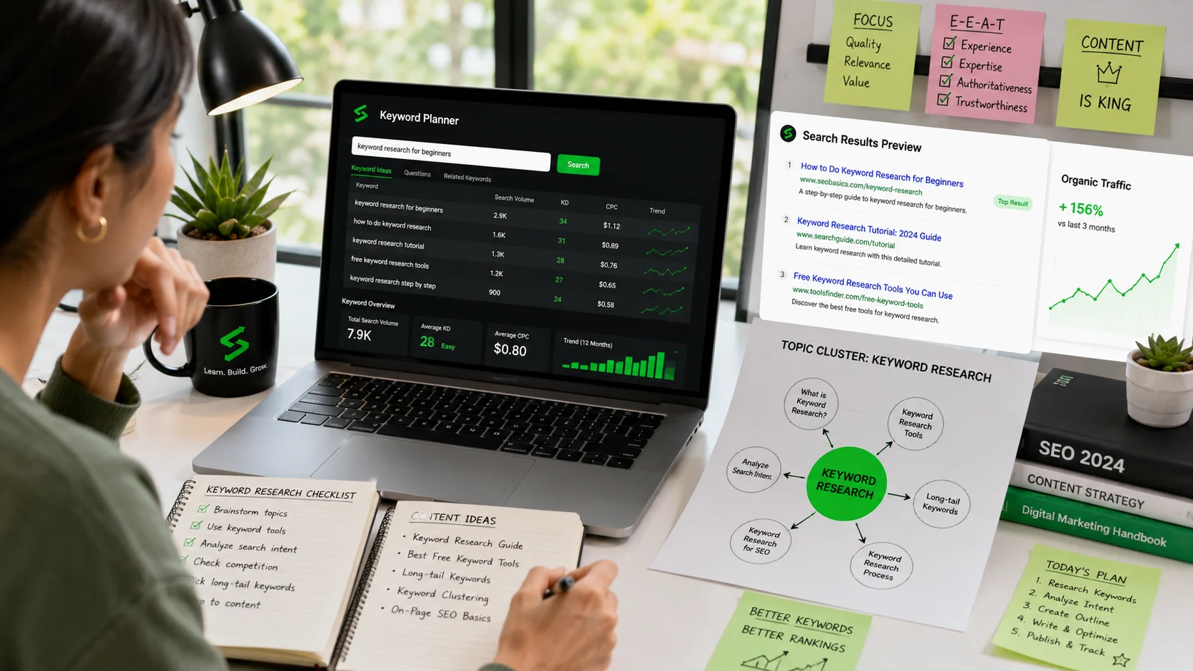 Beginner blogger using a keyword planner and topic map to research blog keywords.