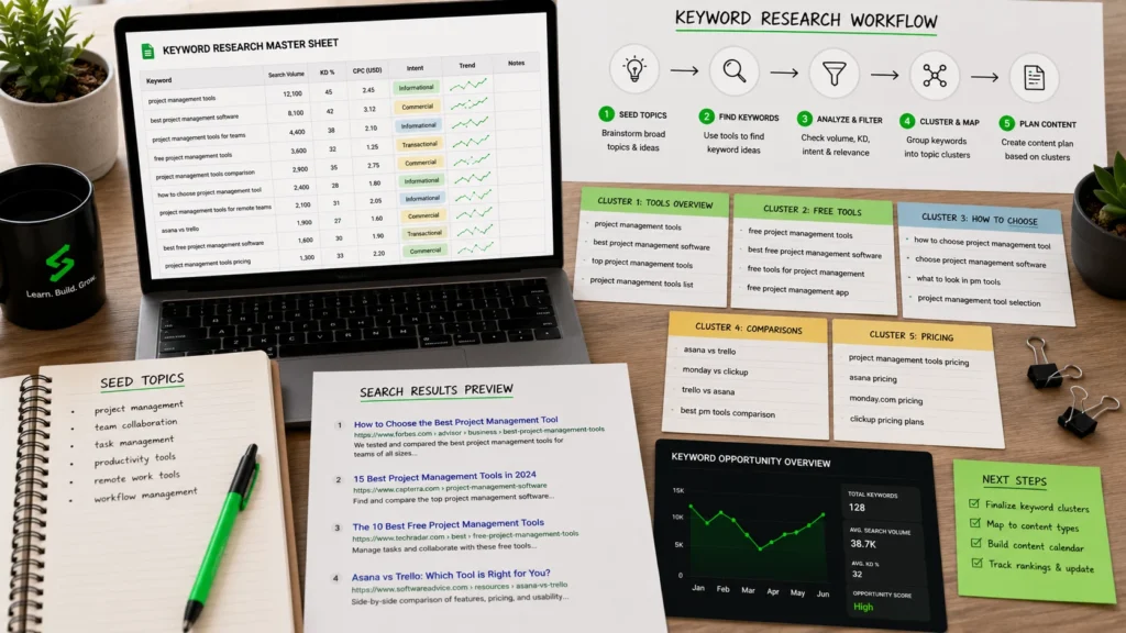 Keyword research workflow with seed topics, keyword clusters, and a spreadsheet.