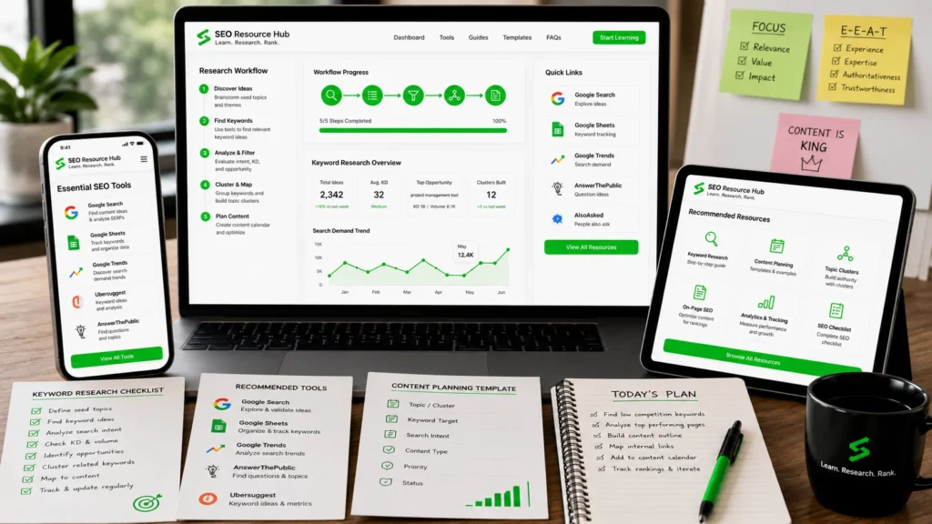 SEO research tools and checklist dashboard for beginner bloggers.