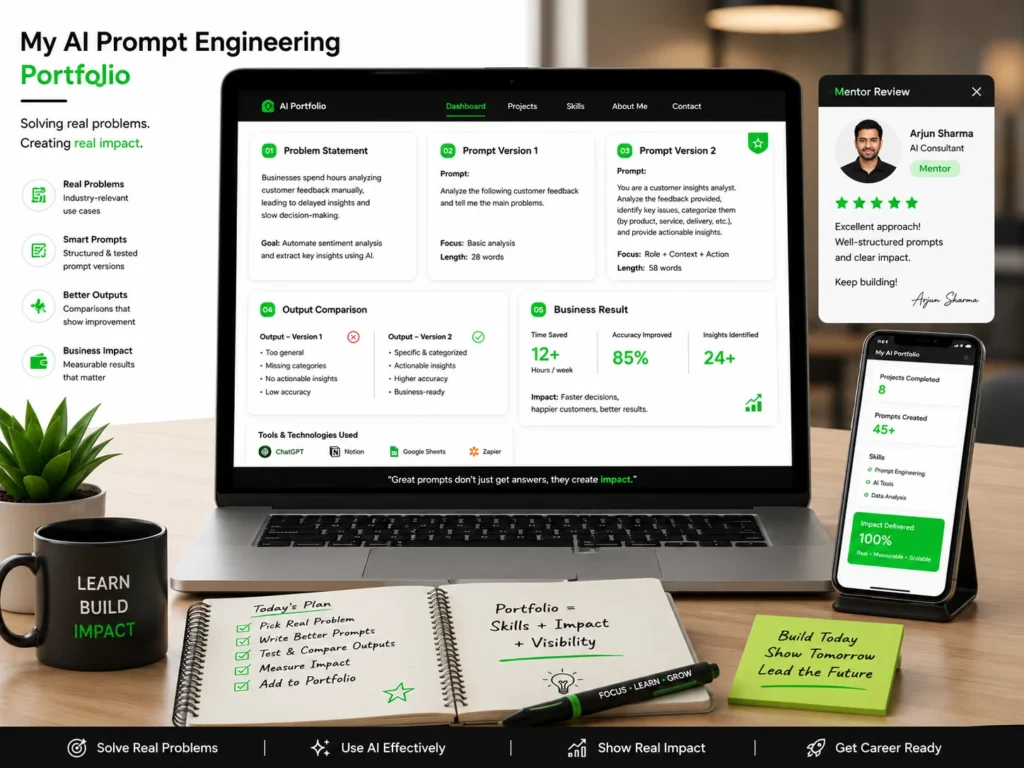 AI prompt engineering portfolio dashboard showing problem statements, prompt versions, output comparisons, business results, mentor feedback, and career-ready project documentation.