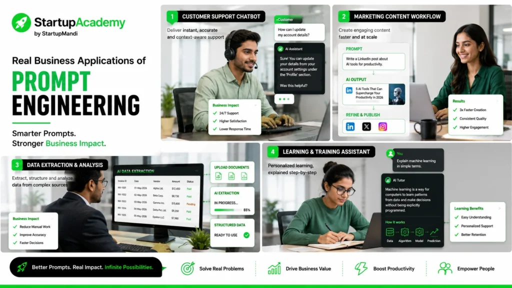 Infographic showing four real-world business applications of prompt engineering: a customer support chatbot, marketing content workflow, data extraction and analysis dashboard, and an AI-powered learning assistant. Diverse professionals interact with AI tools through modern interfaces, demonstrating how prompt engineering improves productivity, automation, decision-making, and learning outcomes.