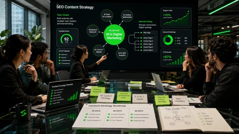 Diverse startup team planning an SEO Content Strategy with topic clusters and analytics on a modern office table.