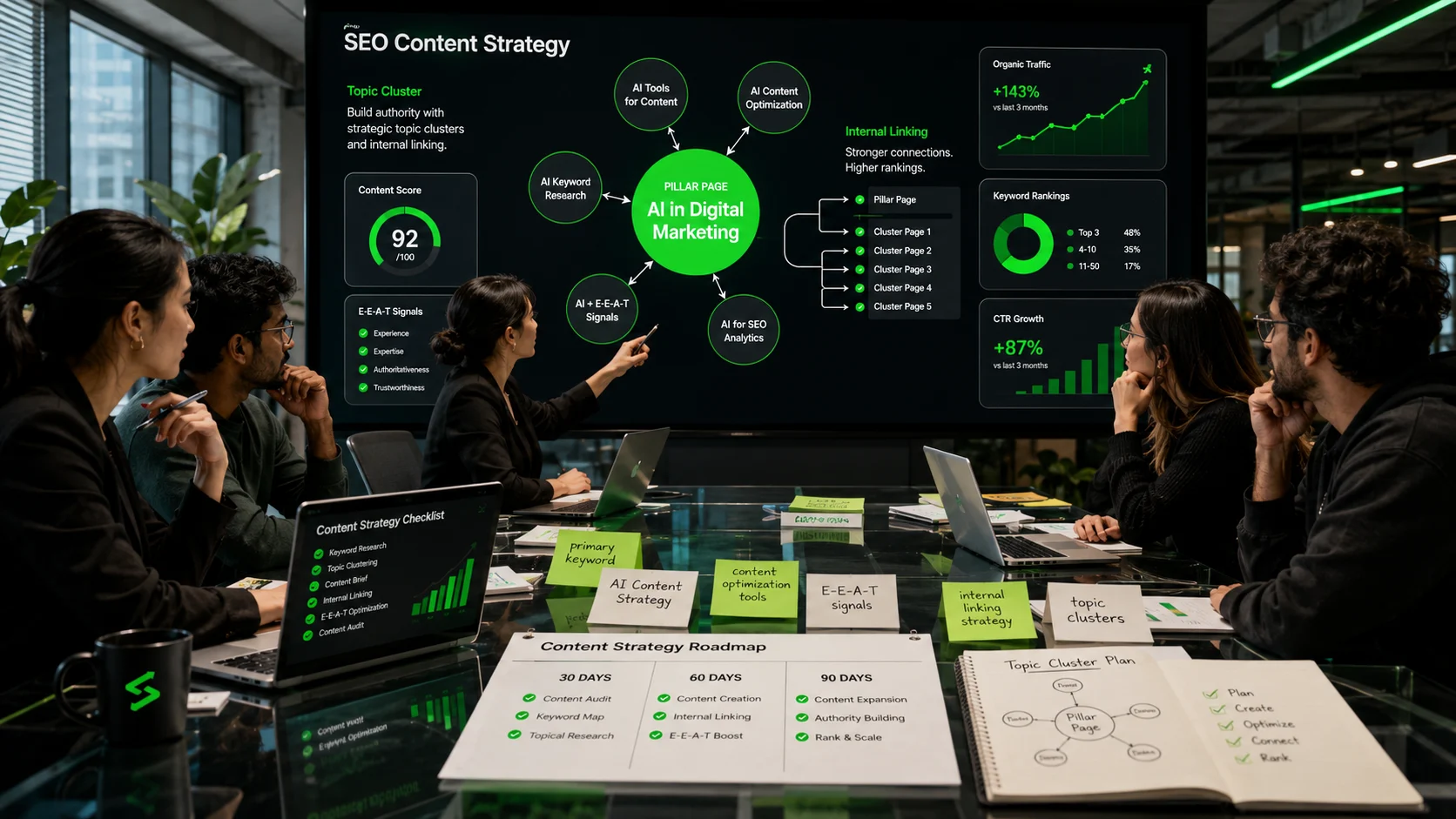 Diverse startup team planning an SEO Content Strategy with topic clusters and analytics on a modern office table.