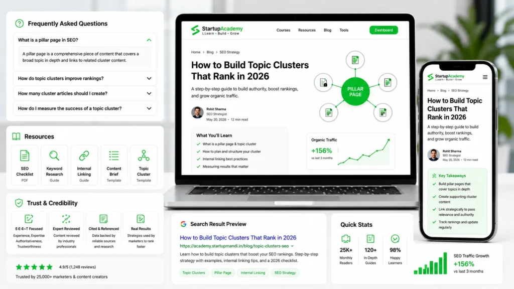 SEO education dashboard with FAQ cards, resource links, and mobile-friendly article previews.