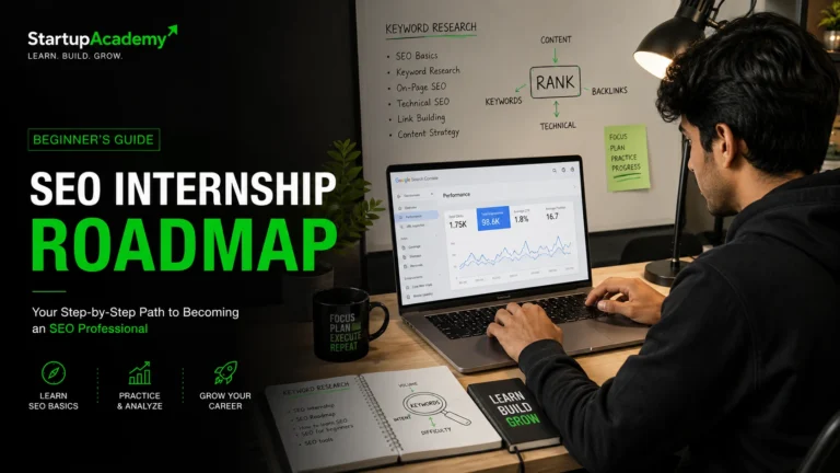 Beginner SEO learner working on keyword research and SEO tools in a modern startup workspace.