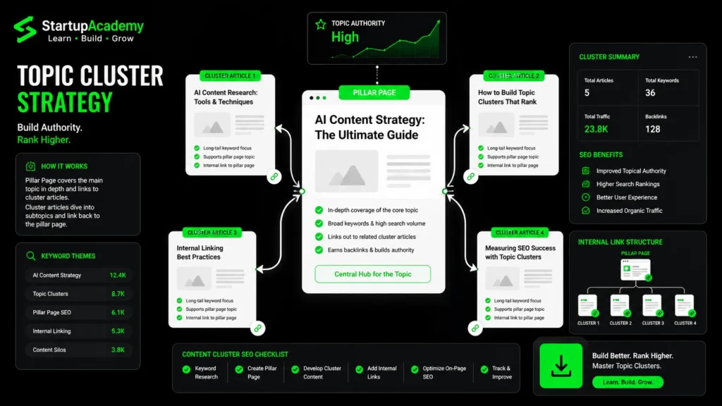 Topic cluster diagram showing a pillar page connected to supporting blog posts.